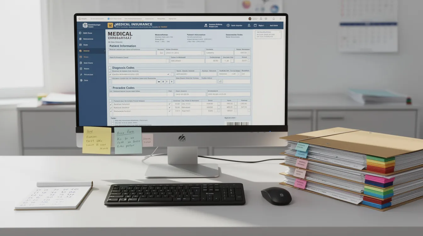 A close-up view of a medical billing specialist's desk features a computer monitor displaying a claim form related to evaluation and management coding, alongside a stack of patient charts. This setting highlights the importance of accurate documentation and coding guidelines in healthcare billing and the management of patient encounters.