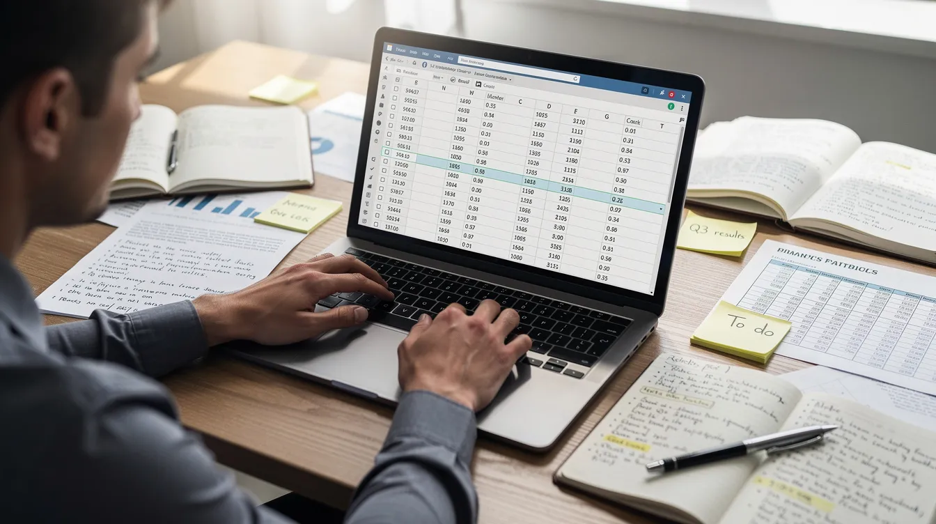 A person works at a laptop displaying a detailed data table related to medical billing, with notes and reference materials on coding guidelines and unbundling rules spread across the desk. The setting reflects an environment where proper coding practices and accurate reimbursement strategies are analyzed in a healthcare billing context.