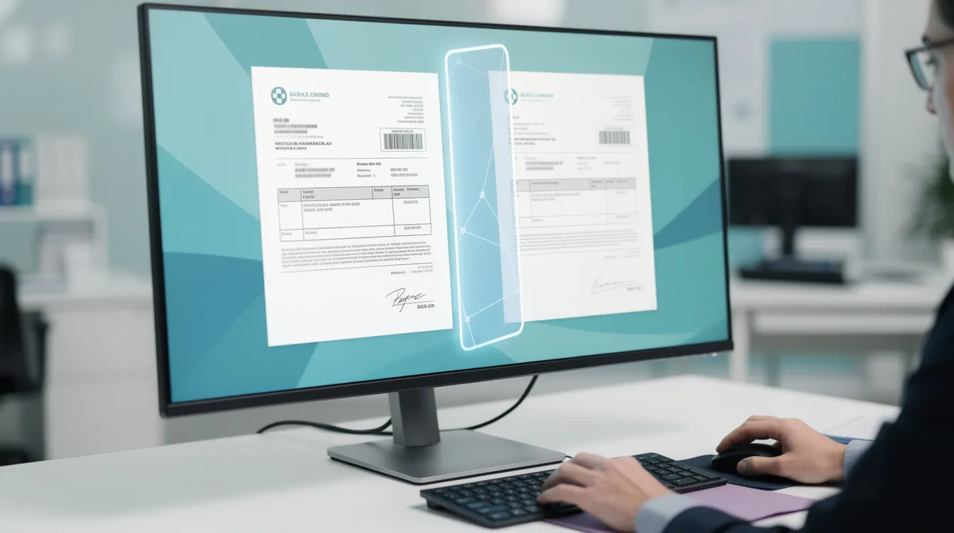 Two identical claim documents are compared side by side in a medical billing office to prevent a duplicate claim from being resubmitted. The professional healthcare setting emphasizes verification and prevention in the billing process, highlighting how common denial codes in medical billing affect the accuracy of the patient's insurance information.