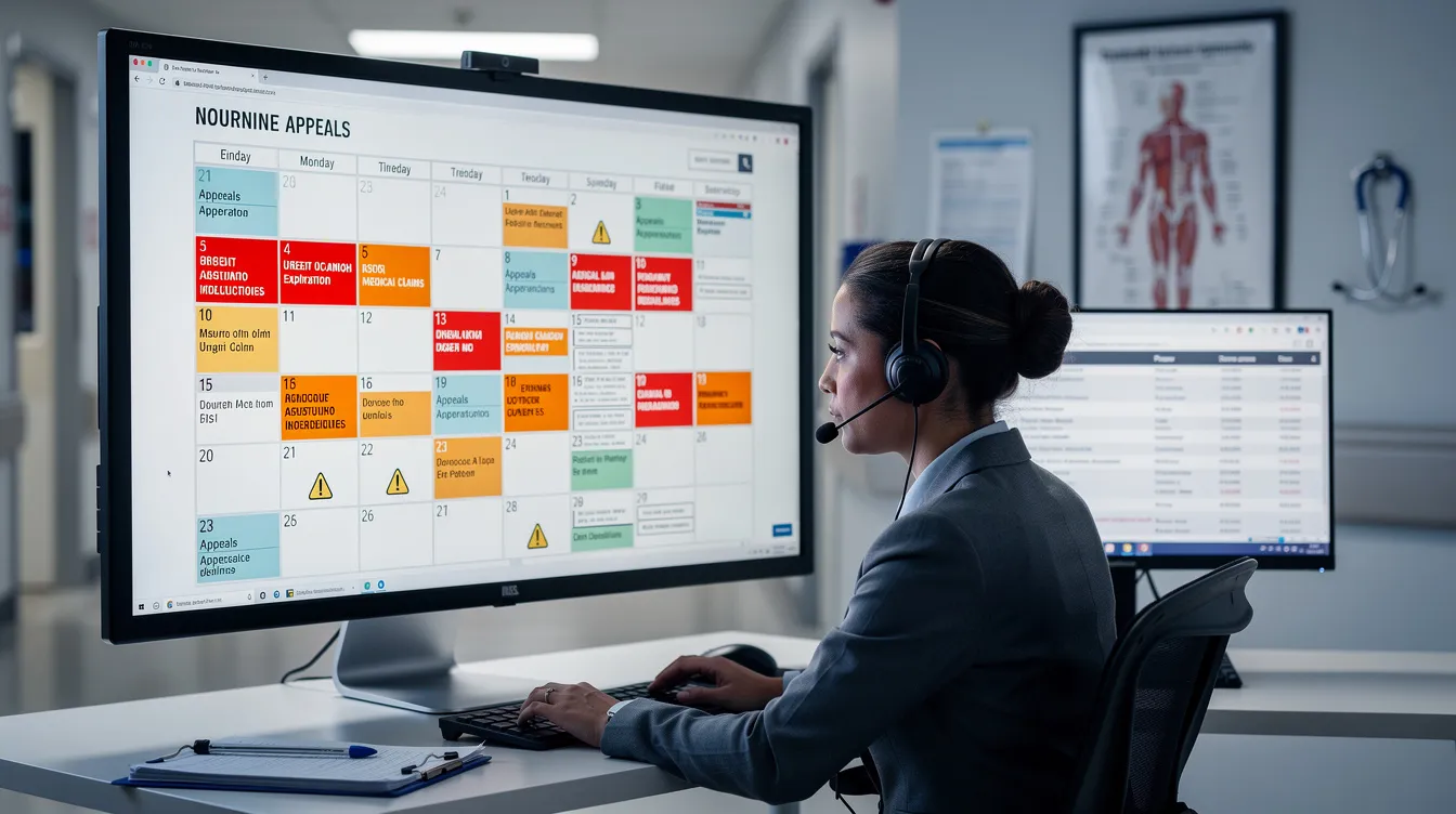 A focused medical biller is reviewing a visually organized calendar marked with color-coded deadlines for claims and appeals, emphasizing the urgency of timely filing to avoid common denial codes in medical billing. The professional healthcare environment underscores the importance of adhering to billing processes and understanding patient responsibility related to insurance coverage.
