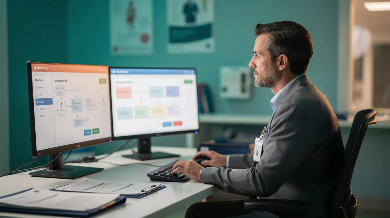 A medical billing professional is focused on a complex insurance claim while utilizing modern billing technology, set against a vibrant healthcare-themed background. This scene highlights the essential role of specialized training and automation in the medical billing process, emphasizing the importance of human judgment in navigating insurance coverage and claim submissions.