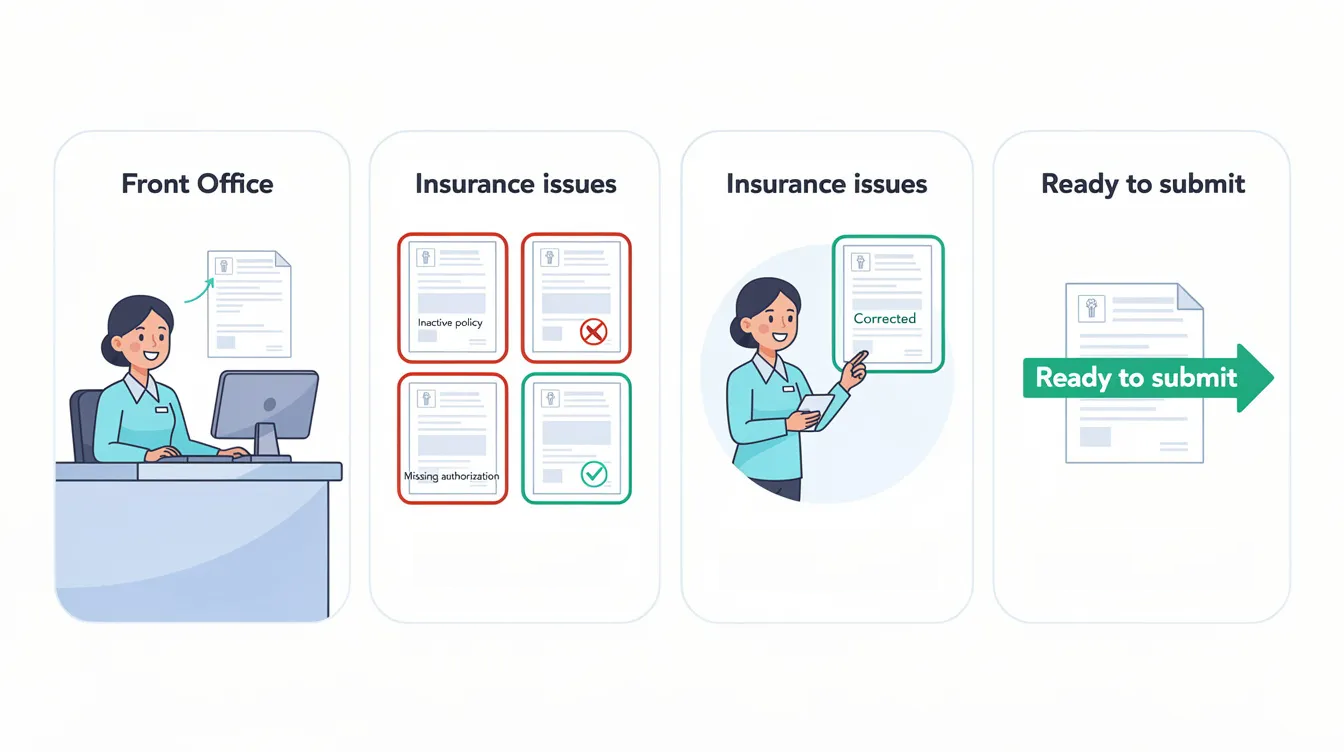 A front-office staff member catches inactive policies and incorrect patient information before a claim is submitted, correcting issues that would otherwise trigger a denial. Careful verification of insurance at this stage, backed by visible supporting documents, keeps the billing workflow moving smoothly and improves patient satisfaction.